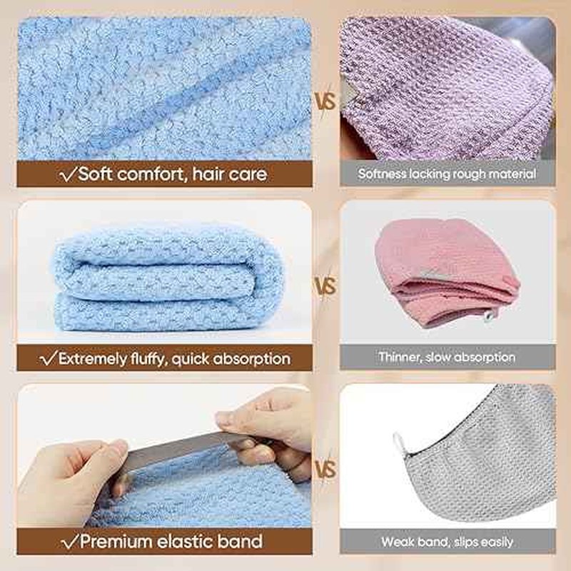 HOMEXCEL 5 Pack Microfiber Hair Towels - 40 x 20 inches Super Soft, Fast Drying Turbans for Long, Thick, Curly Hair - Anti Frizz Wrap with Elastic Strap