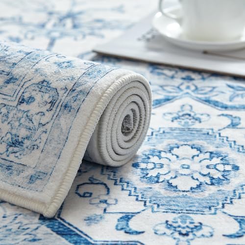 Distressed Blue 5x7 Vintage Floral Washable Area Rug - Blue/White
