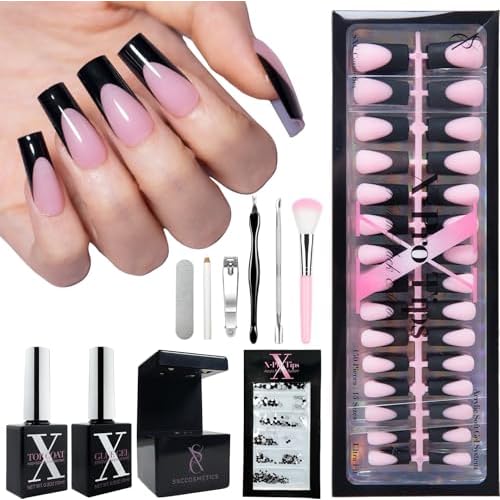 SXC Cosmetics French Tip Press On Nails ? Black Series, Medium Square, X-Pro Tips Starter Kit | 150PCS, 15 Sizes, 5 Styles, Beginner-Friendly