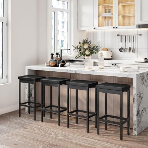 4 Black Bar Stools Set - 24.8-Inch Counter Height Kitchen & Dining Chairs with Upholstery