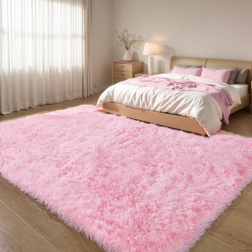 Pink Fluffy Area Rug 8x10 ft - Washable Fuzzy Shag Carpet for Living Room