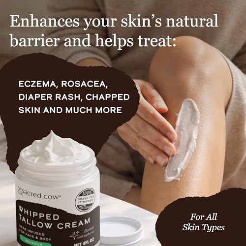 SACRED COW 100% Pure Organic Grass Fed Beef Tallow for Skin Care, Face Moisturizer, Body Butter, Hand Cream - Natural Whipped Tallow & Honey Balm Lotion Cream - Made in the USA - 4oz (UNSCENTED)