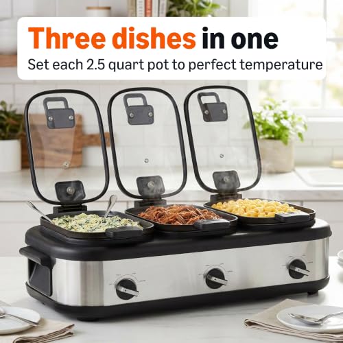 Triple Slow Cooker with Ceramic Nonstick Coating - 3 x 2.5 Quart Crock Pot with Locking Handles & Glass Lids