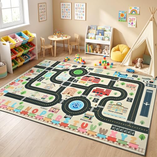 Kids Play Rug 6x9 ft Road Car Track Playmat - Non Slip Washable Toddler Carpet - White Variation