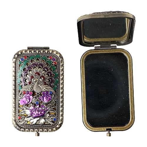 Pokinge 2Pcs Compact Folded Pocket Mirror Double-Sided Folding Retro Peacock Metal Makeup Mirror Portable 2X Magnification Cosmetic Mirror for Travel