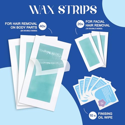 Wax Strips Hair Removal Kit ? 60 Wax Strips + 10 Calming Oil Wipes, No Heating Required, Gentle & Effective for Face, Legs, Arms & Underarms, For Sensitive Skin, Beach Travel Essentials Kit