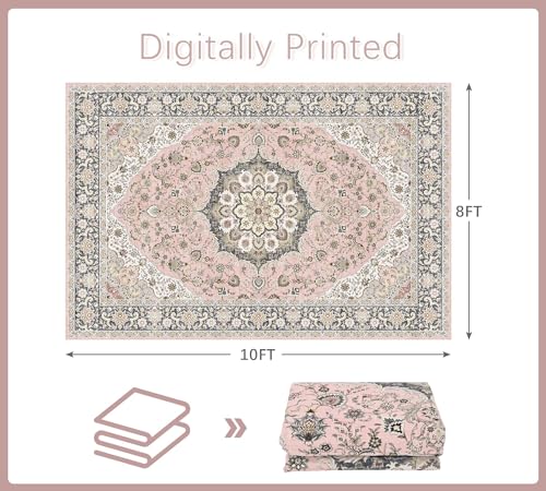 8x10 Pink Persian Style Washable Rug - Vintage Floral Living Room Carpet, Non-Slip, Soft Faux Wool