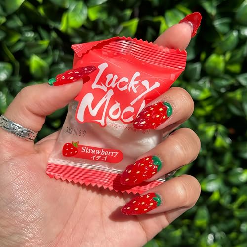 Handcrafted Press On Nails Creative 3D Full-Cover Strawberry Design Fun Fruit Shape 100% Handmade Realistic Artistic Fake Nails Gifts For Women (Strawberry, Medium M)