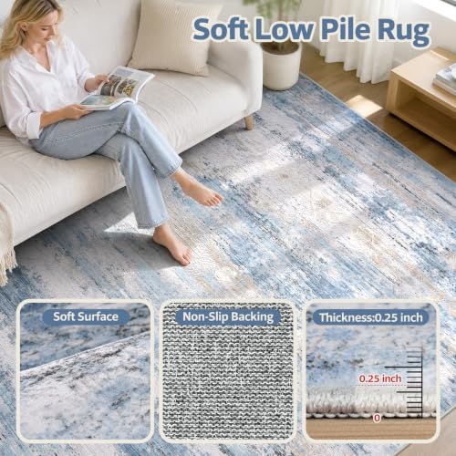 Large Washable 8x10 Area Rug for Living Room & Bedroom Blue Brown - Non Slip