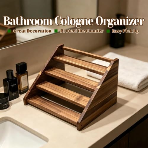 Arflo Acacia Wood 4-Tier Slanted Cologne Display Stand for Men, Fragrance Rack