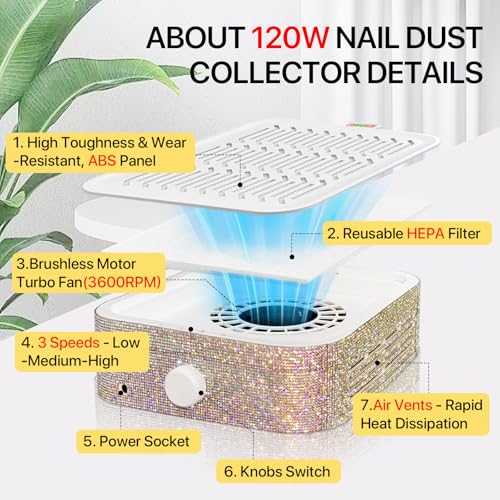 120W Nail Dust Collector Vacuum with Reusable Filters & Portable Brush