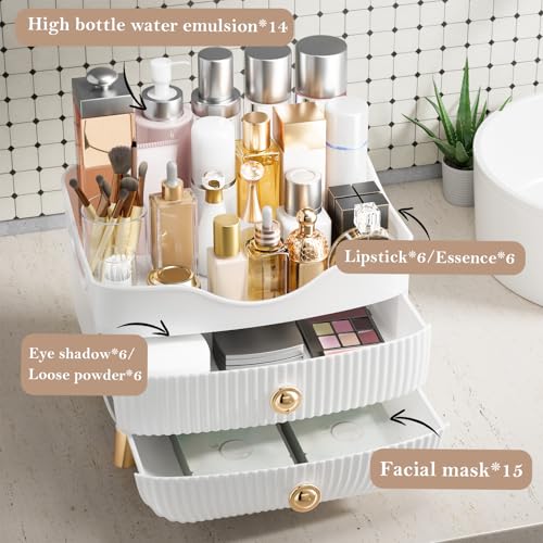 Large Capacity Makeup Organizer with Drawers - White Vanity Storage