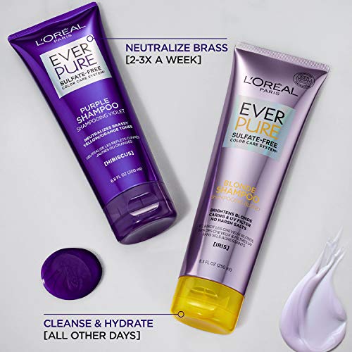 L'Oreal Paris EverPure Blonde Sulfate Free Shampoo for Color-Treated Hair, Neutralizes Brass + Balances, For Blonde Hair, 2 Count (8.5 Fl; Oz each) (Packaging May Vary)