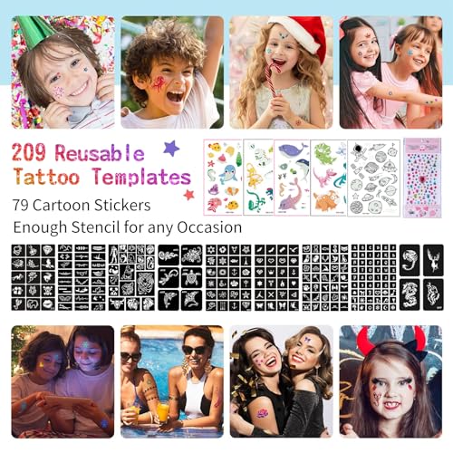 Kids & Adults Glitter Tattoo Kit with 42 Glitters & 209 Stencils for Face Body Art
