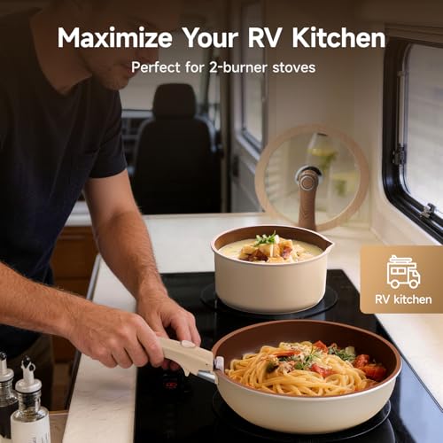 17-Piece RV Cookware Set with Detachable Handle, Nonstick Ceramic Pots & Pans