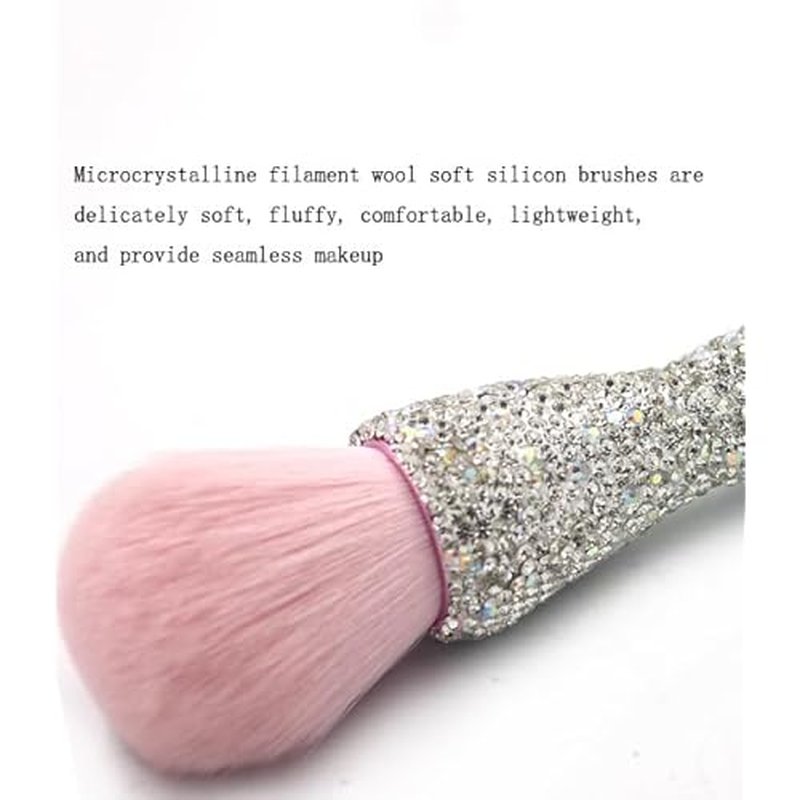 Bling Rhinestone Large Mineral Powder Brush - Soft and Luxurious Makeup Foundation Brush for Large Coverage - Ideal for Blending, Buffing, and Setting (Silver)