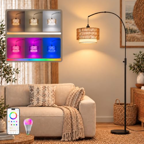 Black 71-Inch Rattan Arc Floor Lamp with App & Alexa Control