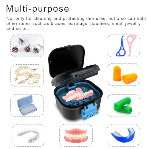 Denture Storage Case with Strainer Leak-Proof Soaking Box - Black & Blue