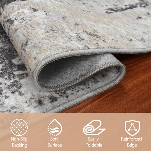 Black Grey and Gold 8x10 Washable Area Rug for Living Room and Bedroom - Non-Slip, Durable, Abstract Design