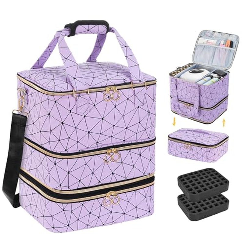 3-Layer Nail Polish Organizer Bag, Holds 84 Bottles and Lamp, Waterproof PU Leather Case with Reinforced Golden Zippers, Portable Nail Tech Travel Bag for Manicure Supplies