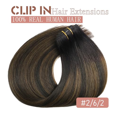 Clip-In Hair Extensions 14 Inch Balayage Dark Brown to Chestnut Brown - Real Human Hair