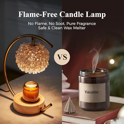 Gold Candle Warmer Lamp with Crystal Handcrafted Shade & Wooden Base - Adjustable Brightness & Timer, for Jar Candles, Home Decor