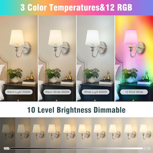 Nuanshued Nickel Battery-Operated Wall Sconces (2 Pack) with 1000mAh Dimmable LED Bulbs, Remote, 15 Colors
