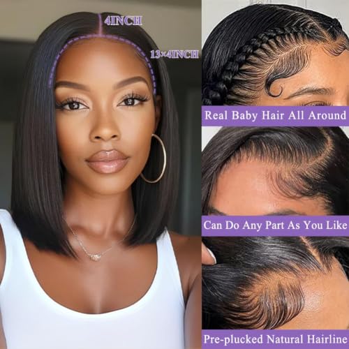 10 Inch Human Hair Bob Wig with 13x4 Lace Front - Short Straight Style, Pre Plucked, Natural Color, Glueless Fit for Black Women - Variation #1b