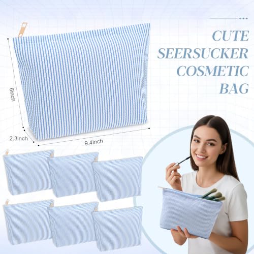 Sanwuta 6-Pack Seersucker Stripe Makeup Bags - Blue, Spacious & Durable