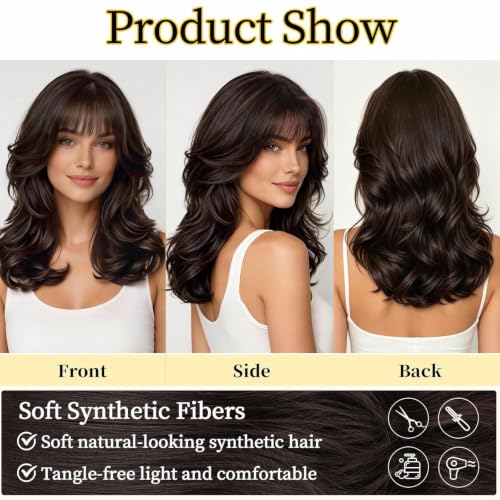 Lativ Dark Brown Wavy Wig with Bangs for Women Synthetic 18-Inch Layered Hair