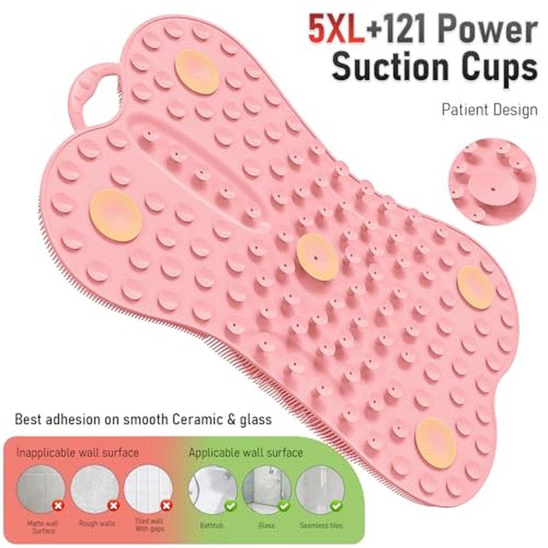 Back Scrubber for Shower Bath Wall Mounted Women XXL | Silicone Body Brush Scrub Mat with Curved 3D Back Support Power Suction Cups -Exfoliating Luxury Bathtub Cushion Pad Skin Care Home Spa Pink