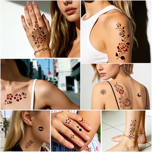 136 Pieces Henna Tattoo Stencil Kit, Temporary Tattoos Stencils Kit with 6 Pcs (Brown/Black/Red) Ink, DIY Face Body Art Painting Kit for Festivals Wedding Party