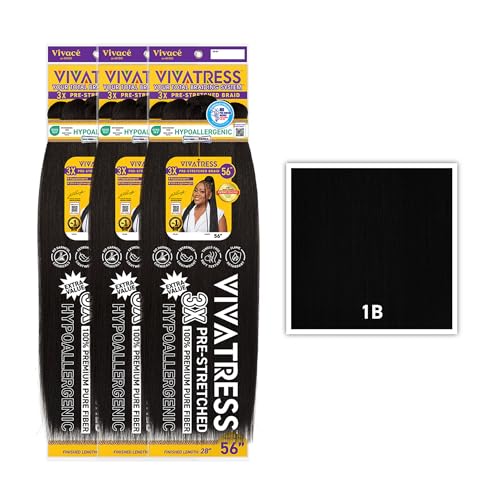 VIVATRESS Pre-Stretched Braiding Hair 56" Natural Black 3 Pack Lightweight Synthetic Yaki Texture Hypoallergenic