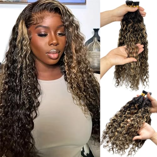 Water Wave I Tip Human Hair Extensions - Balayage Natural Black with Honey Blonde Highlights - 14 Inch, 100 Strands - Variation #1BP27