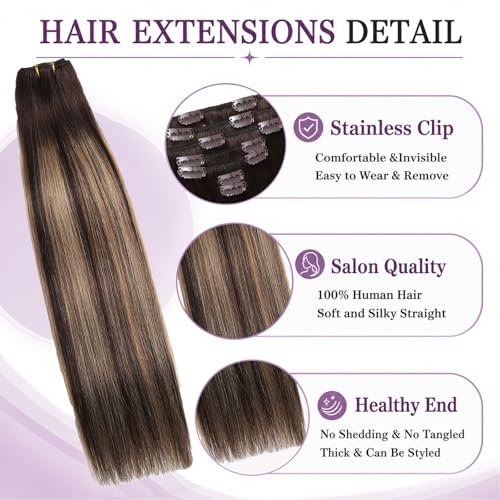 Aliransen Balayage Clip-In Hair Extensions 22 Inch Chocolate Brown to Caramel Blonde