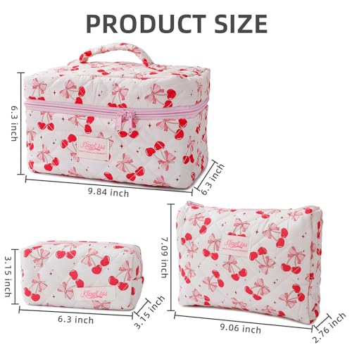 3-Piece Quilted Makeup Bag, Large Cute Coquette Pink Makeup Bag Set, Aesthetic Cosmetic Bags for Women, Travel Toiletry Bag Organizer with Zipper (Cherry Bow)