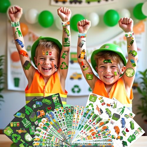 96 PCS Garbage Truck Party Favors Set ? 72 Pre-Cut Temporary Tattoos & 24 Slap Bracelets for Kids, Sanitation Truck Birthday Supplies, Recycle-Themed Classroom Rewards
