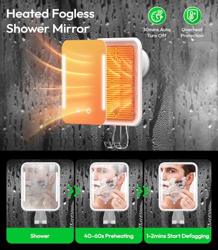 Glowtop White Fogless Shower Mirror with LED Light & Heating for Shaving