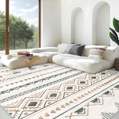 Large Washable 6x9 Boho Moroccan Area Rug with Geometric Pattern - Brown & Green, Non-Slip, Foldable for Living Room & Home