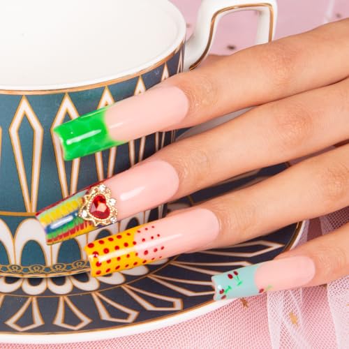 LOVFUL Press on Nails The Wonderful Meadow | Handmade with Full Covered Crystals | Reusable Fake Nails | Square Mid length 1.7in | H224-S