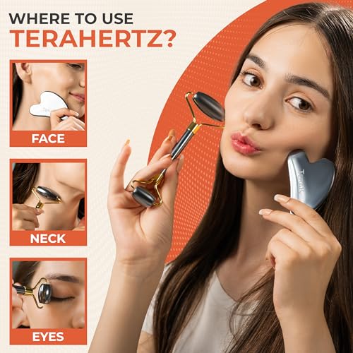 TeraRX Terahertz Gua Sha & Facial Roller Set - Authentic Stone Skin Care Kit for Face Massage & Rejuvenation