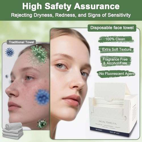 Face Towels Disposable, 12¡± x 10¡± Biobased Facial Towelettes, Large Soft & Thick Dry Wipes for Gentle Skincare, Face Washing & Makeup Removal, Lint-Free Clean Facial Towels, 50 Count