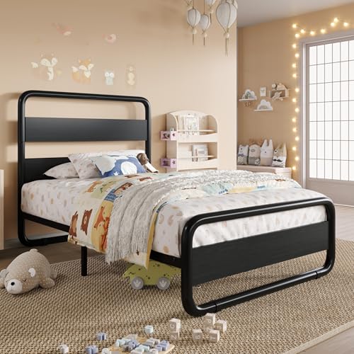 Black Twin Size Metal Bed Frame with Wooden Headboard - SHA CERLIN