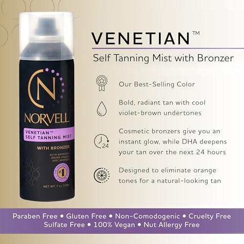 Norvell Venetian Sunless Self Tanner Mist 7 fl oz ? Airbrush Spray Tanning Solution with Bronzer for Instant Sun Kissed Glow, Natural Looking Fake Tan, Streak Free, Long Lasting Color