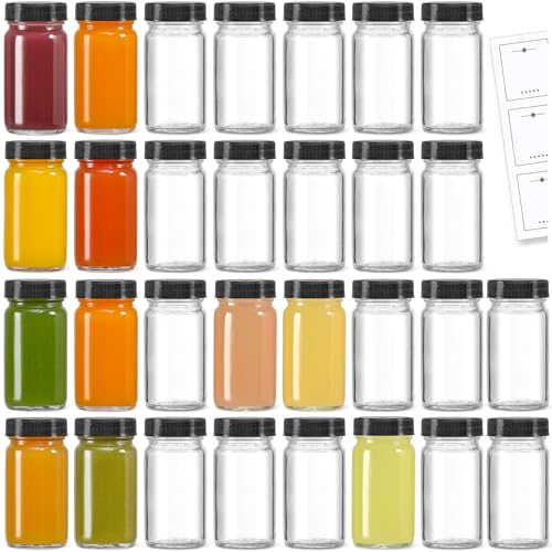LANDNEOO 30 Pack 2oz Glass Shot Bottles with Black Cap - Wide Mouth, Leakproof, Dishwasher Safe, Travel Essentials