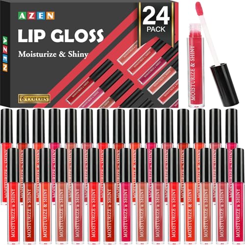 AZEN 24 Pack Lip Gloss Bulk Set, Shimmery Lip Gloss for Women and Girls With Rich Varied Colors, Valentines Gifts Easter Basket Stuffers
