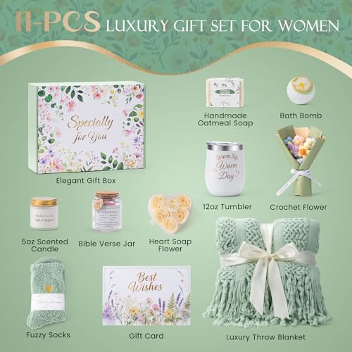 Women's Self Care Gift Set with Sage Green Blanket & Spa Items - Birthday & Get Well Gift