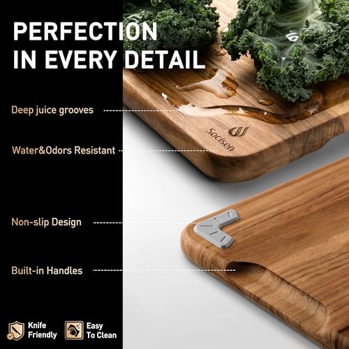 Teak Wood Cutting Boards Set - Multi-Size 3 Pack with Non-Slip Base