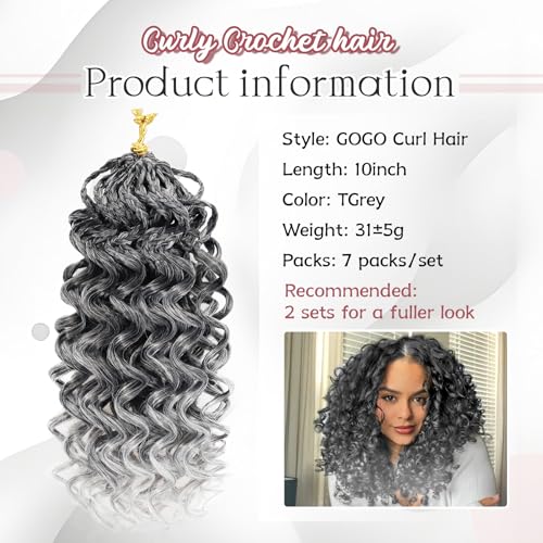 Pre-Looped Curly Crochet Hair 10 Inch for Black Women - 7 Packs, 1B Grey