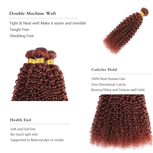 Copper Curly Wave Human Hair Bundles - Color 33, 24-28 Inch, 300g Set - Reddish Brown, Brazilian Virgin Remy